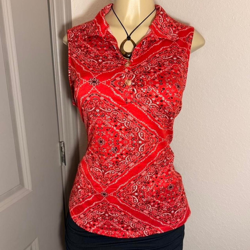 Red paisley print bandana patterned sleeveless top